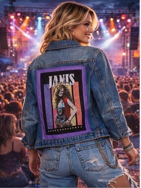 Janis Joplin Colorful Upcycled Denim Blazer Jacket Size XL Custom OOAK